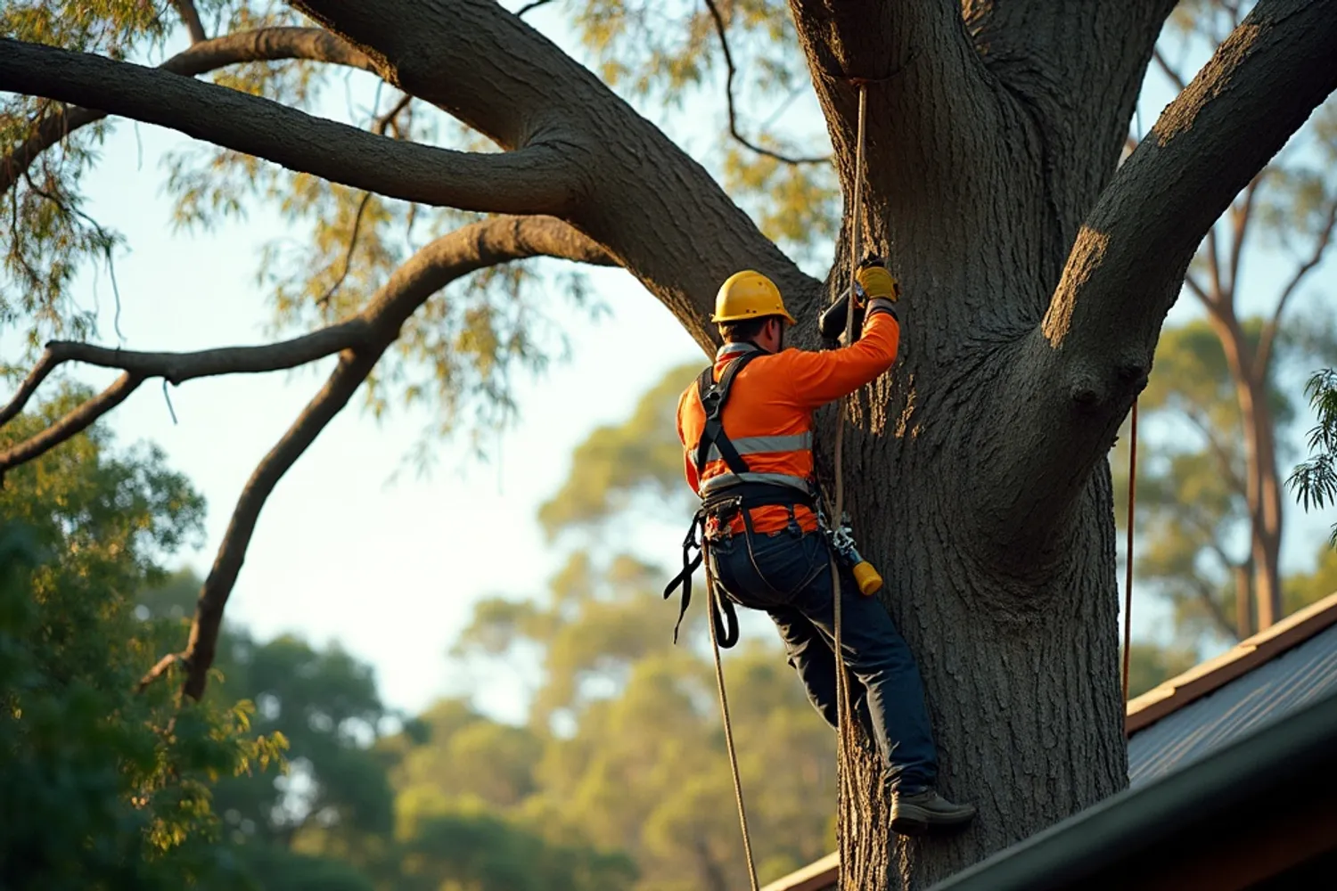 Branchline climber sectionally dismantling a gum on lowering ropes above a Ballina home