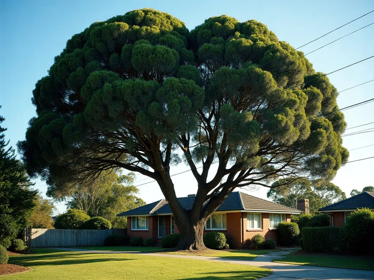 Two overgrown coastal figs crowding power lines at Lennox Head before pruning